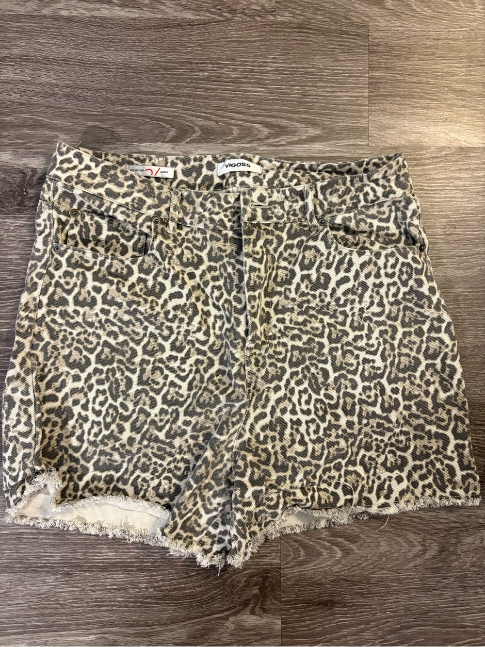 VIGOSS Leopard-Print High Rise Jean Shorts in Taupe and Black